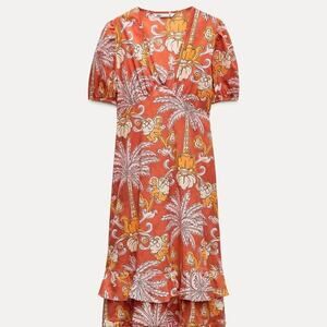 Zara Printed Midi dress orange sz small
